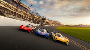 Three Cadillac V-LMDh Race Cars on Track